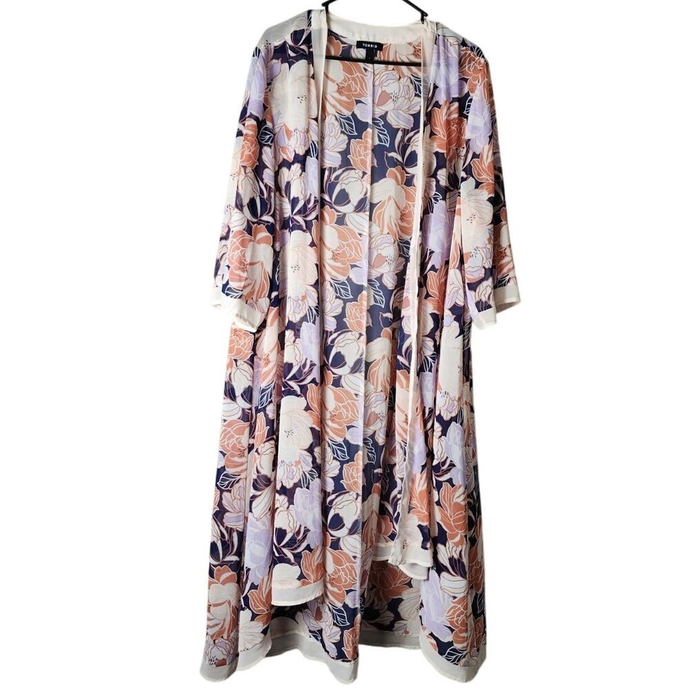 Torrid Duster Kimono Plus Size 1X Purple Floral High Low Open Front Chiffon - Picture 2 of 6